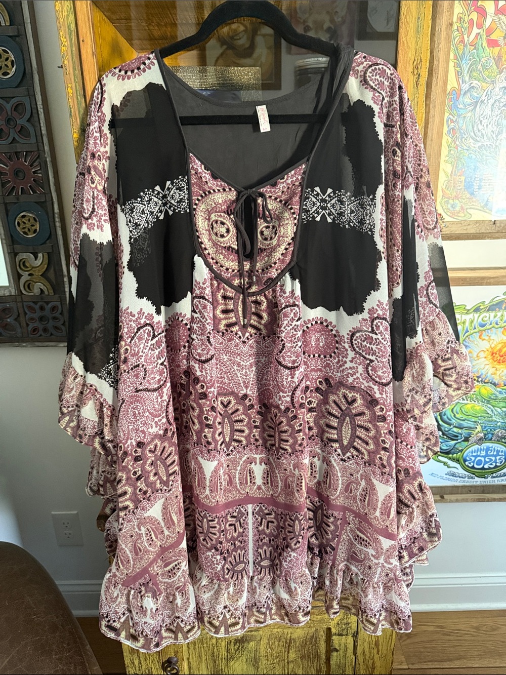 Free People Paisley Lace-Up Tunic in Rose and Black